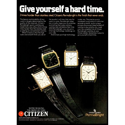 1982 Citizen Permabright Quartz Watch Vintage Print Ad Jewelry