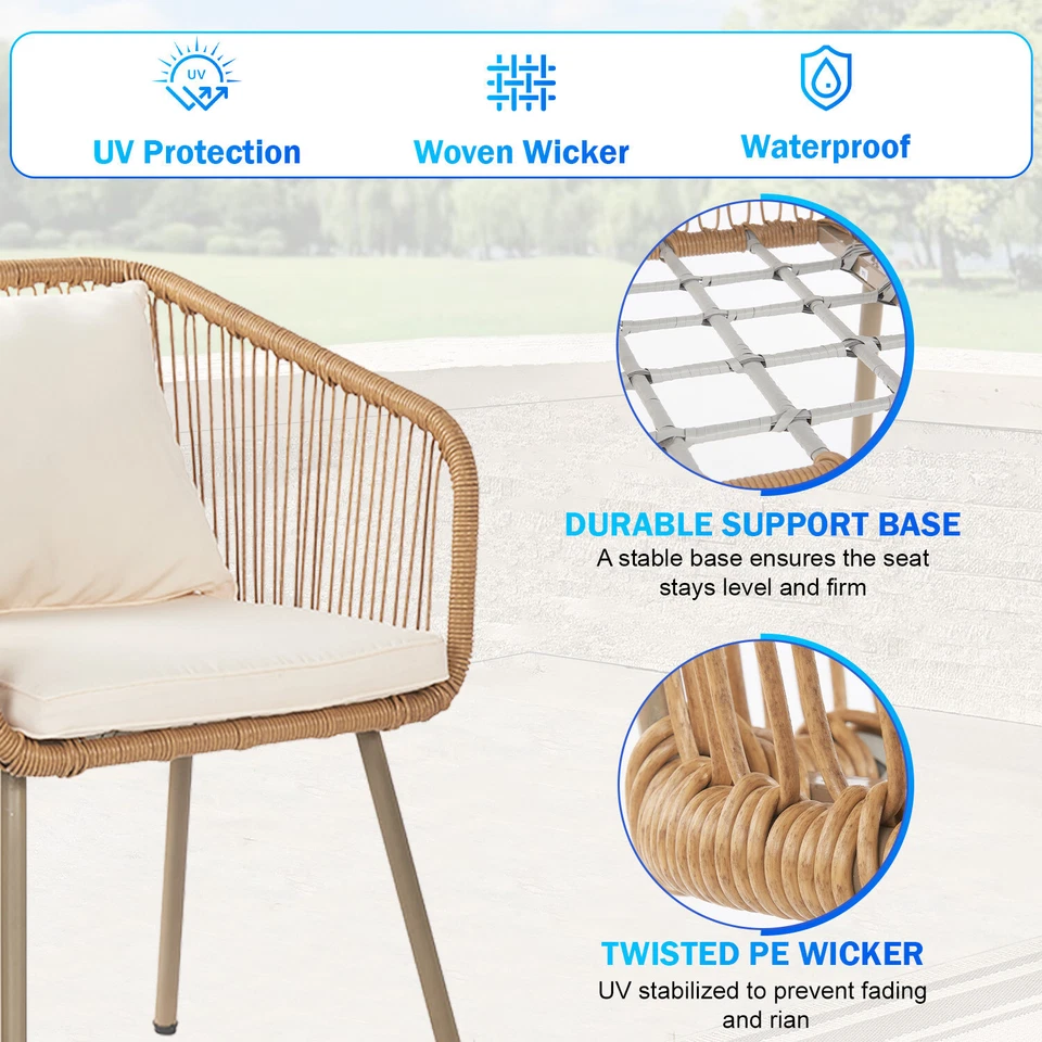 Juego de muebles de patio de 3 piezas sillas de patio de mimbre para exteriores PE juego de bistró para todo tipo de clima Foto 4 de 4