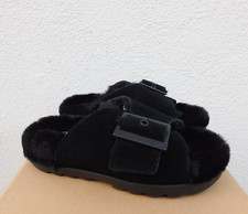 UGG BLACK OUTSLIDE BUCKLE SUEDE/ SHEEPSKIN SLIPPER SANDALS, US 10/ EUR 41  NEW