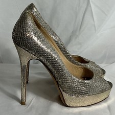 Jimmy Choo Champagne Gold Glitter Peep Toe Platform Pumps Heels Size 38