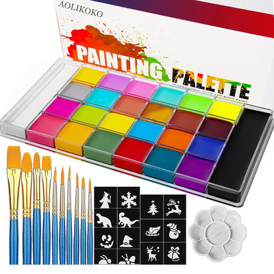 26-Color Face & Body Paint Palette with Brushes & Stickers for Makeup