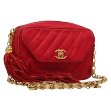 CHANEL Bias Stitch Chain Shoulder Bag Satin Red Gold CC Auth yk19064