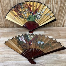 2 Vintage Asian Folding Wall Fans Birds and floral design 24"