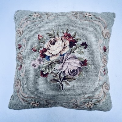 Vtg Needlepoint Floral Throw Pillow Pink Rose Sage Green Cottagecore Shabby Chic