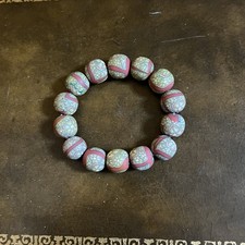 Artisan Polymer Clay Beaded Bracelet - Pink, Teal  Mint Floral