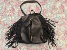 Purse Backpack Style Fringe Sides Zippered Black New