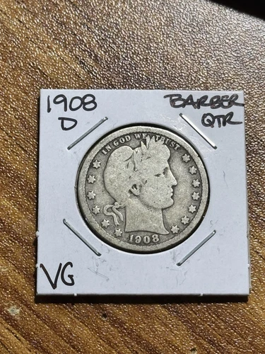 1908 D Barber Silver Quarter VG Very Good Condition U.S. 25c Coin (Raw13709) (O)