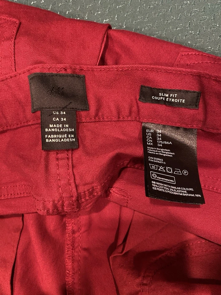 H&M Men's Slim Fit Shorts Red Size 34 Flat Front Cotton Blend - Image 3 of 4