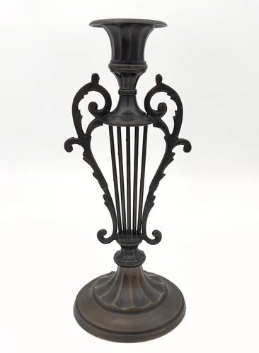 VINTAGE SOLID BRONZE OR BRASS HARP SHAPED TAPER CANDLE HOLDER 11.75” TALL