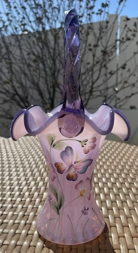 Fenton Hand Painted Butterfly Pink Chiffon Opalescent Rib Optic Basket , Signed