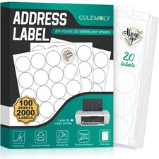 Address Labels 2” Round for Laser and Inkjet Printers - 100 Sheets, 20 Labels...