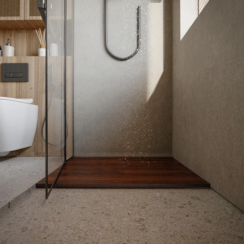 Alfombra de ducha Fuji String Spa en acabado aceitado de madera maciza de teca, alfombrilla cuadrada de 30", B... Foto 3 de 4