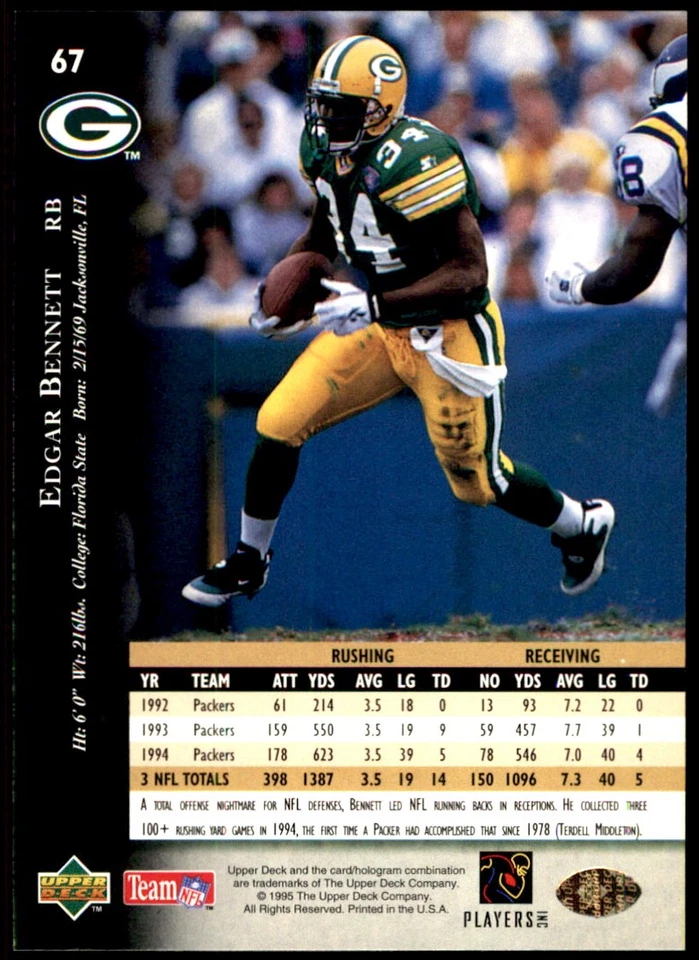 Edgar Bennett 1995 Upper Deck #67 Packers NFL READ FREE SHIPPING AutographDen - Image 2 of 2
