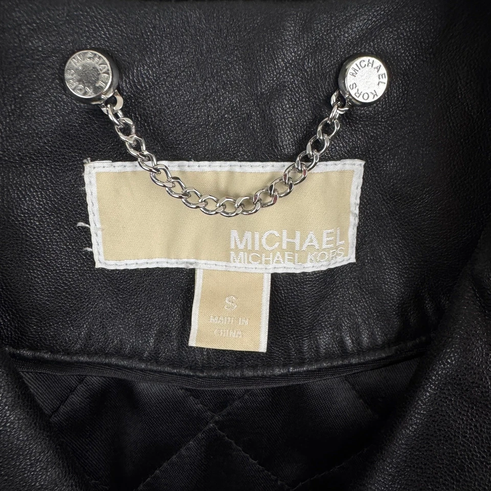 Chaqueta de moto Michael Kors de cuero de cordero negro con volantes para mujer S Foto 4 de 4