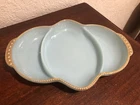 Vintage Fire King Blue Turquoise Divided Serving Dish with Gold Trim