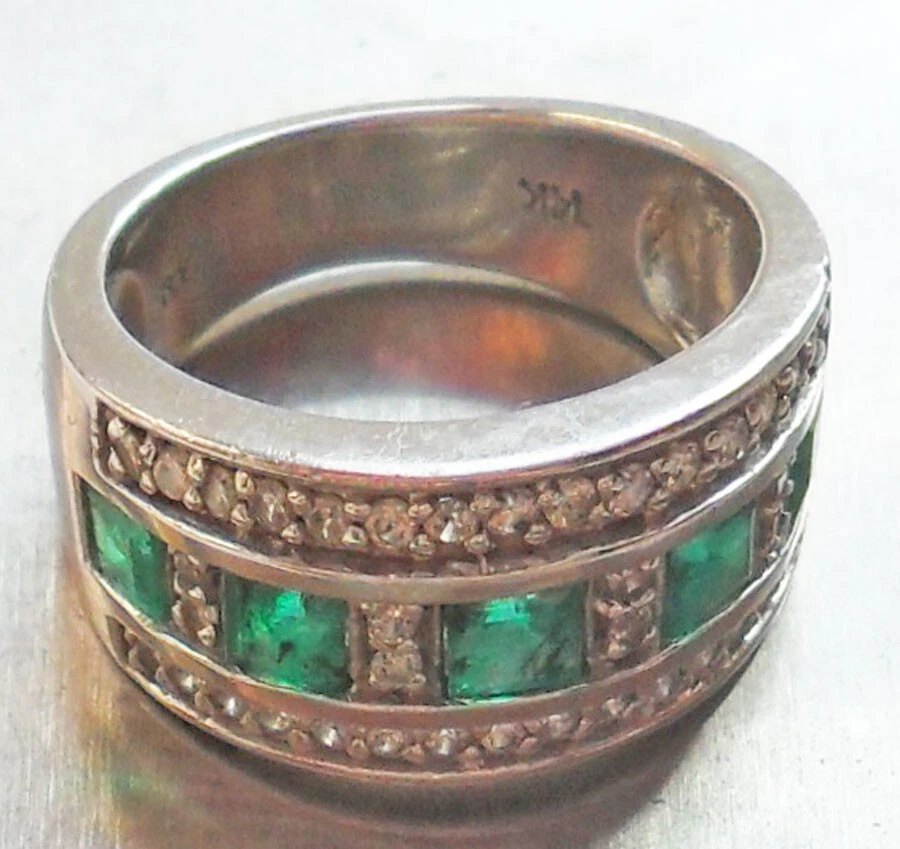 Anillo de diamantes y esmeraldas naturales de oro de 14 quilates ~ Reino Unido N-0 EE. UU. 6,5 -7 ~ 8,1 g ~ R0304 Foto 4 de 4