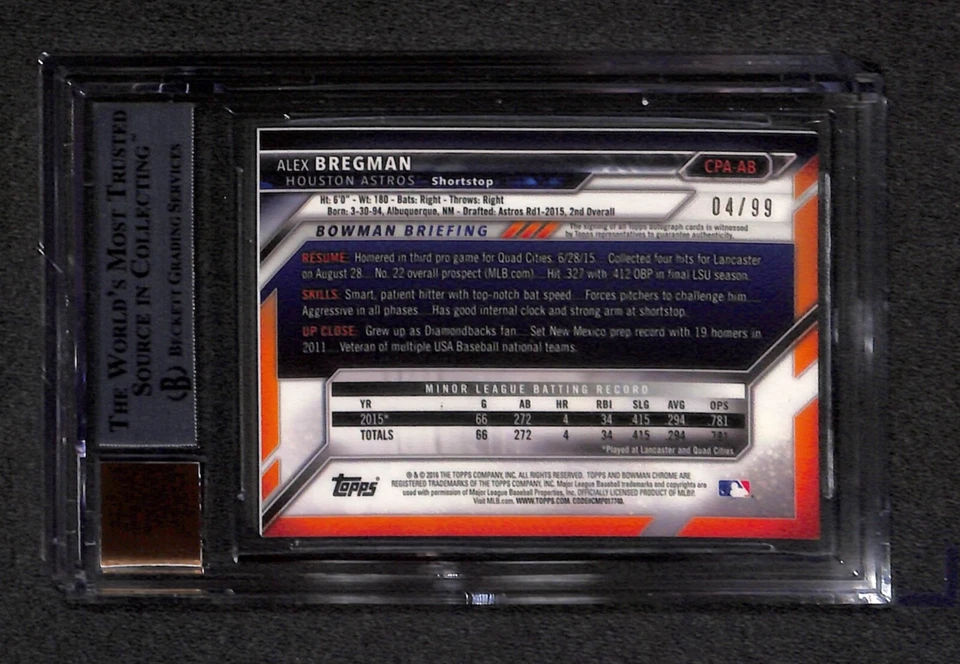 2016 BOWMAN CHROME Alex Bregman AUTO 04/99 BGS 9 10 GREEN REFRACTOR ASTROS - Image 2 of 2