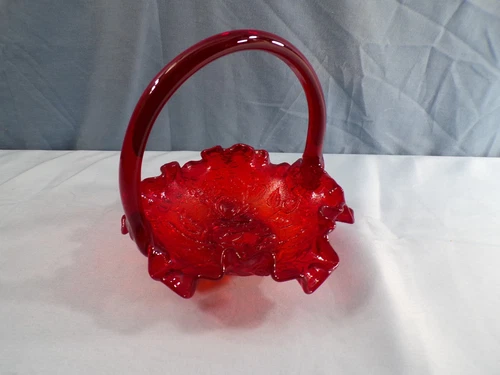Fenton Ruby Red Glass Basket w/ Raised Embossed Roses Design INV2