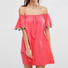 NWT ASOS Off Shoulder Swing Sundress with Bright Pom Poms Tunic Top Size 4
