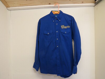 Wrangler Shirt Blue Embroidered Spell Out Front & Back Button Down Shirt Sz M. 