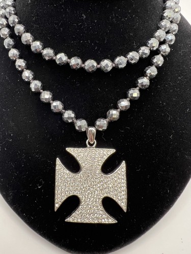 Knight's Cross Rhinestone Pendant Double Strand Glass Bead Necklace Nice Clasp - Picture 2 of 5