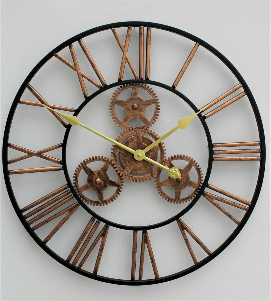 Large Outdoor Clock skeleton Giant Open Face Home Shabby Chic Decor COGS GOLD - Image 3 of 4