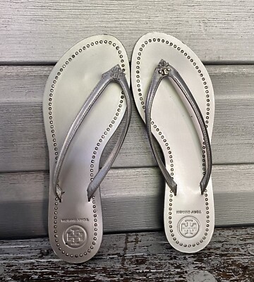 TORY BURCH Metallic Silver Leather Thong Liana Rhinestone Logo Sandals  RARE!!