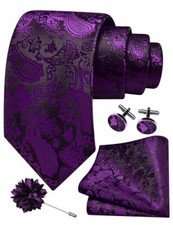 3.15"  8cm  Mens Paisley Tie and Lapel Pin Necktie Hankerchief Dark Purple-2