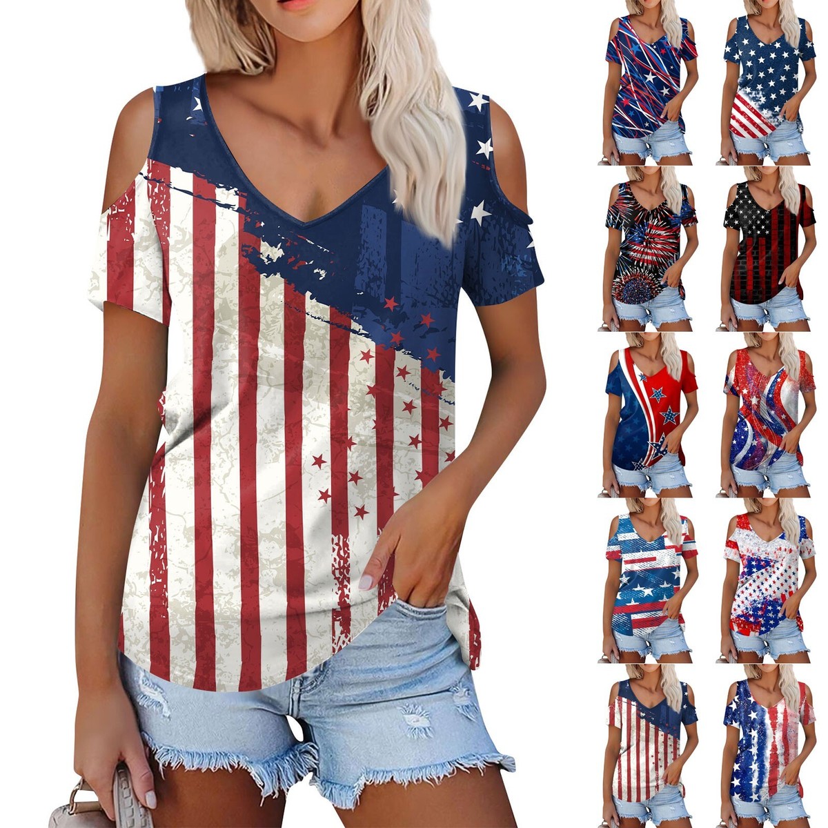 Women&rsquo;s Summer Independence Day T-Shirts V-Neck Cold Shoulder 