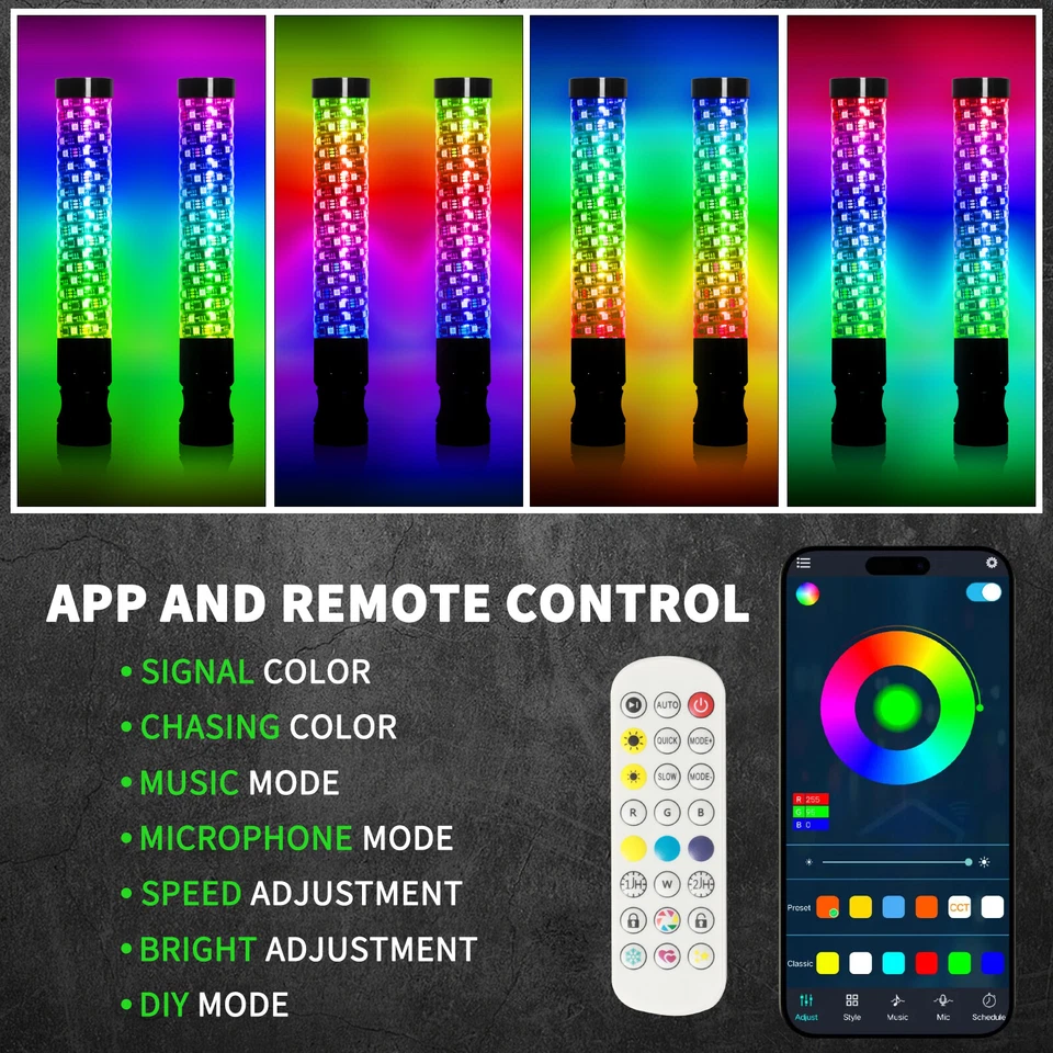 Pair Fat Whips 2'' Thick LED Whip Spiral Chasing RGB Whip Lights FAT 2FT UTV ATV - Image 3 of 4