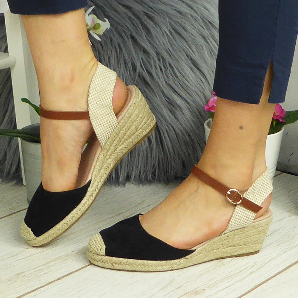 Ladies Womens Wedges Hessian Buckle Closed Toe Comfy Summer Sandals Shoes Sizes