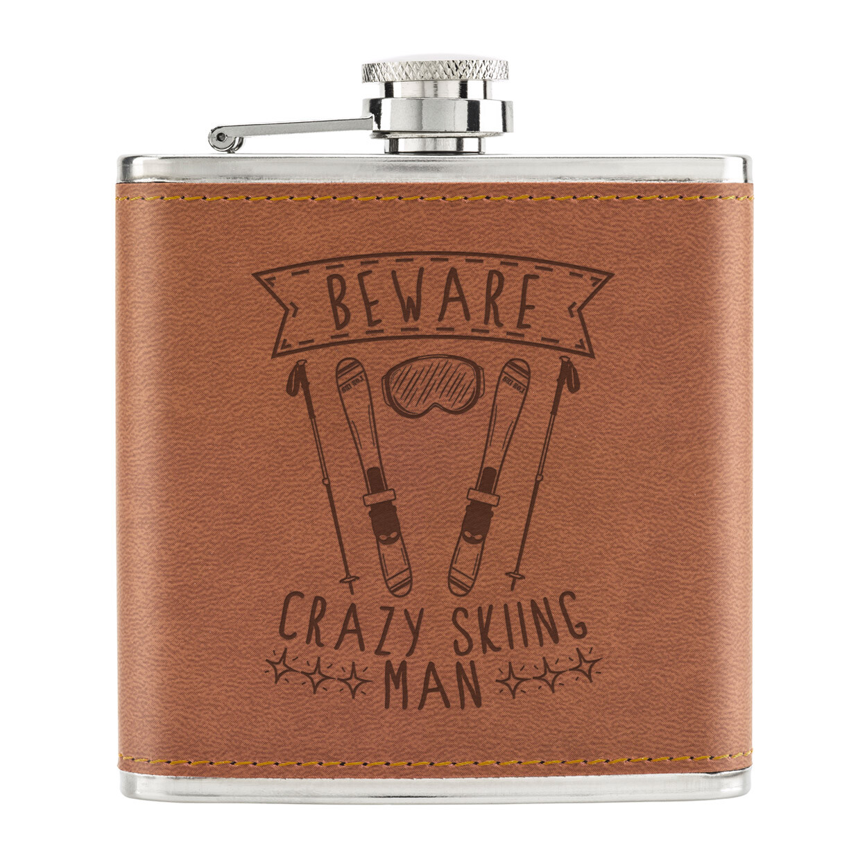 Beware Crazy Skiing Man 6oz PU Leather Hip Flask Tan Sport Funny Skier Joke