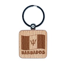 Barbados with Waving Flag Cute Engraved Wood Square Keychain Tag Charm