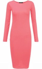Womens Long Sleeve Plain Midi Dress Ladies Stretch Bodycon Jersey UK 8-26