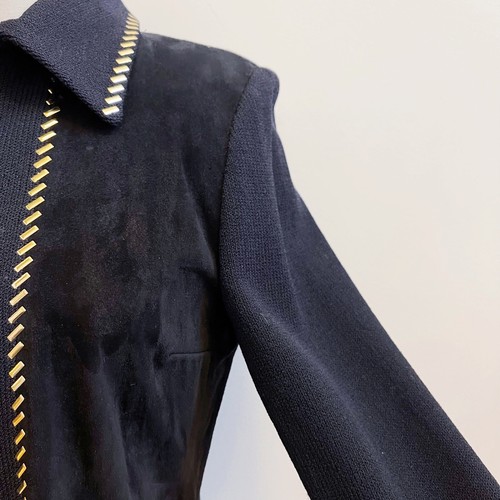 St John Marie Gray Black Gold Paillettes Santana Knit Zip Up Suede Jacket 4 - Picture 5 of 12