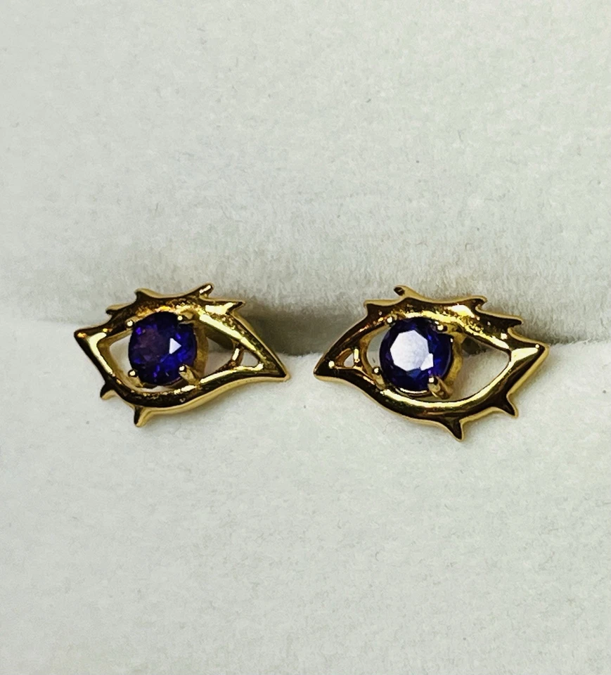 Divertidos aretes de oro de 18k de plata de ley 925 púrpura natural amatista mal de ojo Foto 3 de 4