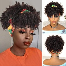 Kinky Curly Headband Wig Afro Headband Wig with Bangs for Women Natural Black...