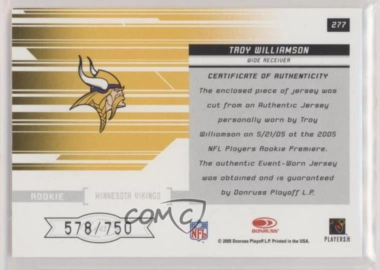 2005 Leaf Rookies & Stars Rookie /750 Troy Williamson #277 RC - Image 2 of 2