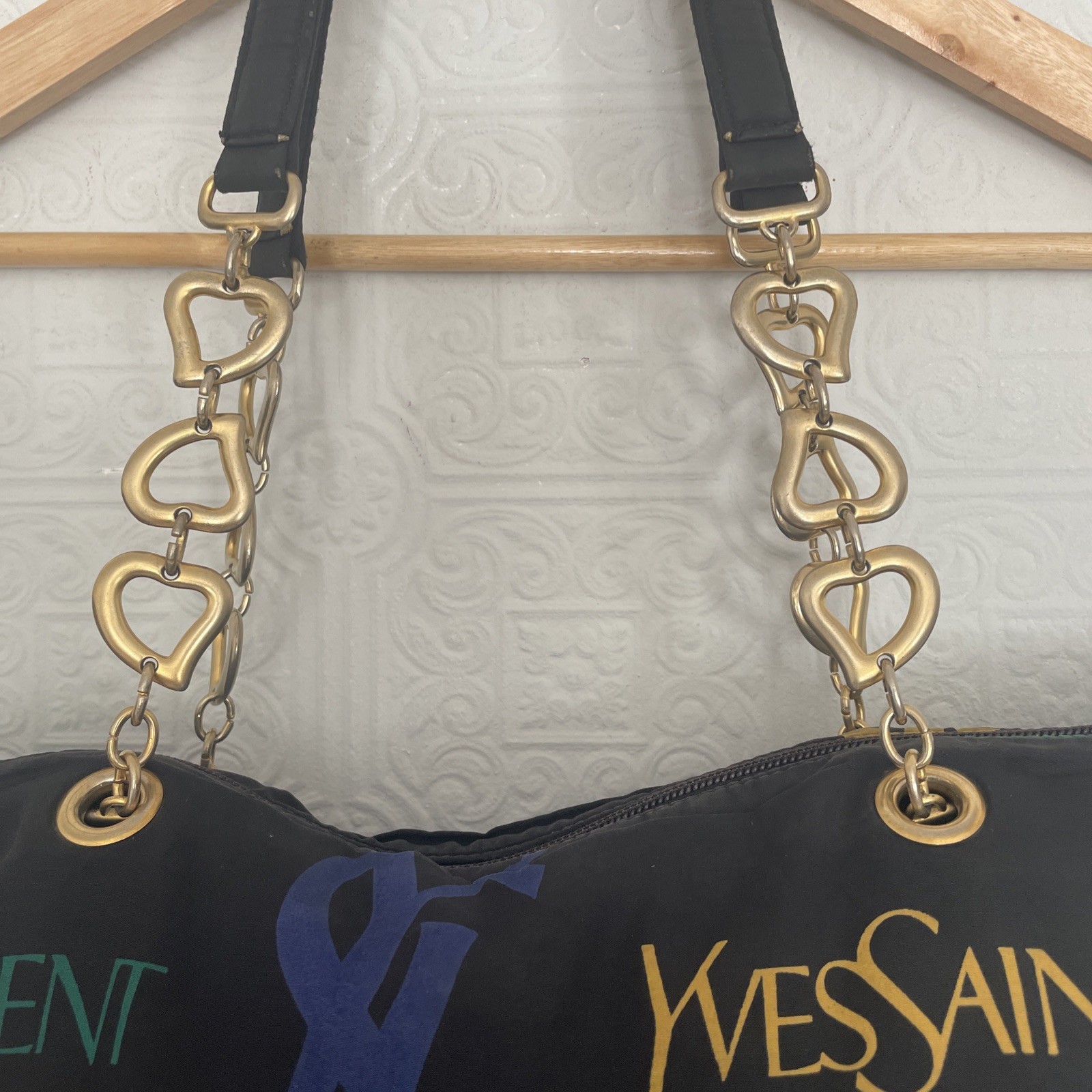 SAINT LAURENT Borsa a tracolla vintage YSL anni 90 tessuto catena oro tracolla zip pezzo raro