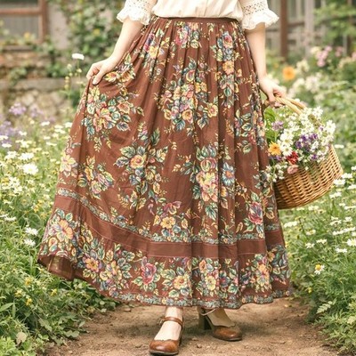 April Cornell Maxi Skirt S Scarborough Georgette Brown Floral Border Cottagecore