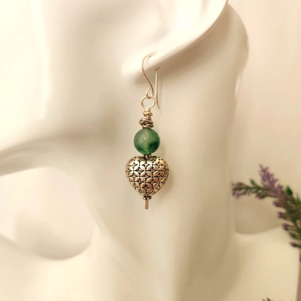 Natural Jade Stone Silver Heart Dangle Earrings - Image 3 of 4