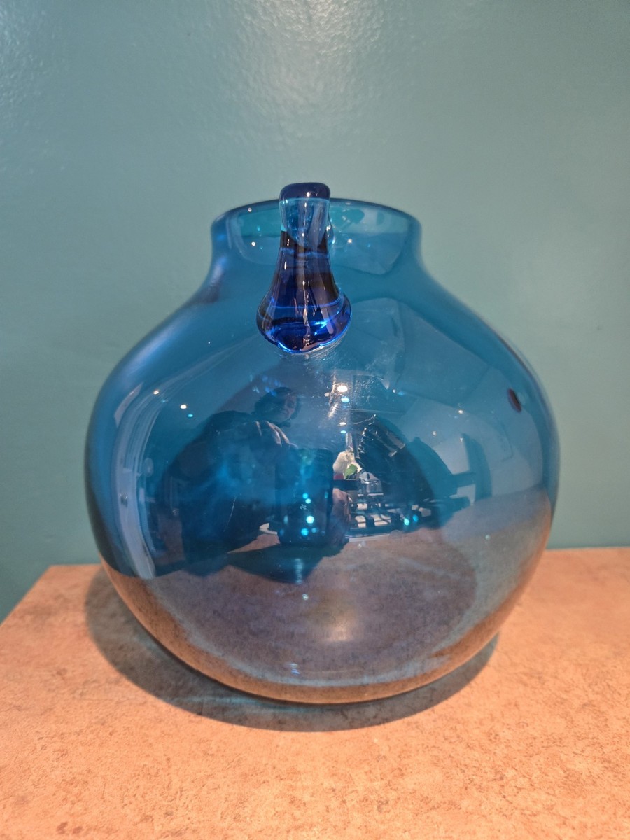 Blue Blenko Glass Pre Designer #68 Rose Bowl Double Handle Vase w