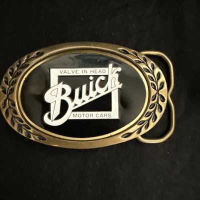 VINTAGE BUICK MOTOR CARS VALVE IN HEAD OVAL Brass BELT BUCKLE, 3.2'' X 2.5'' EUC