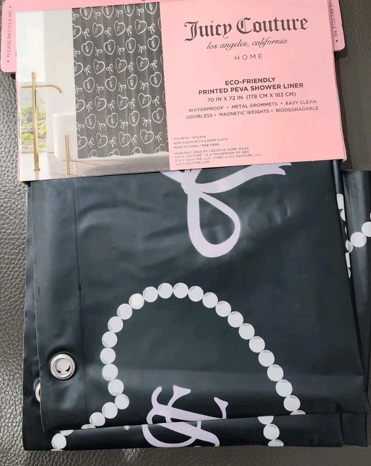 New Juicy Couture Home Hearts Bows Black Eco PEVA Shower Curtain Liner Y2K - Image 2 of 4