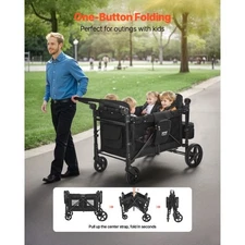 VEVOR Wagon Stroller for 4 Kids, Push Pull Quad Collapsible Stroller with Adjust