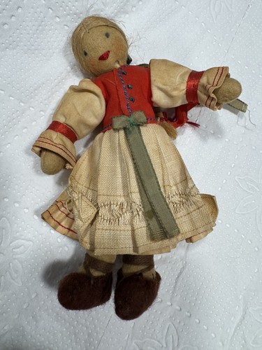 Handmade Rag & Cloth Doll | Braided Blonde Hair Red Vest Cream Dress | 9/VTG 