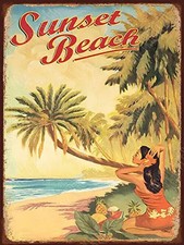 Vintage Tin Metal Signs Home D cor 8x12 Sunset Beach Hawaii Tropical Beach Bar