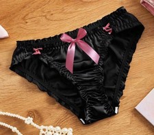 Silky Black Second Skin Satin w Pink Contrast Crinkle Edge Bikini Panties XL NEW