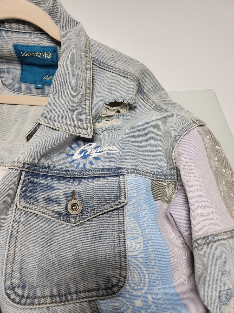 Guuka No War Patchwork Distressed Light Wash Denim Jacket