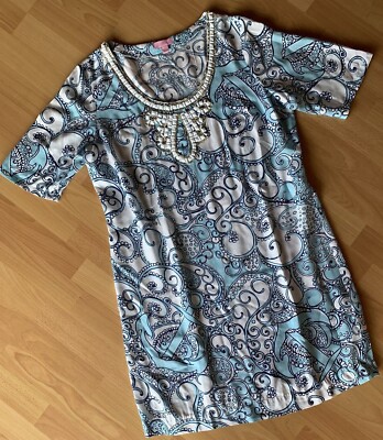 LILLY PULITZER Kleid L 40 Freizeit-Kleid   Tunika Weiß Blau Hellblau Dekor